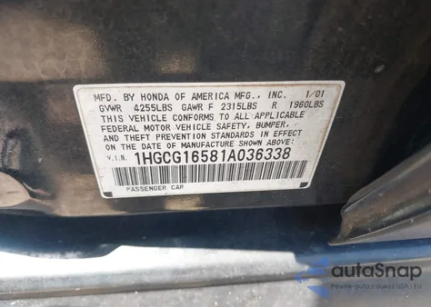 2001 Honda Accord 3.0 Ex from USA, damaged, VIN 1HGCG16581A036338